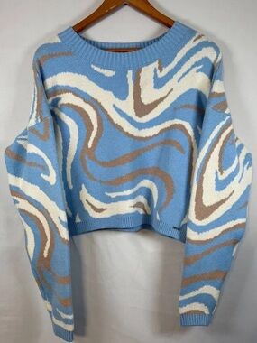 Hollister Blue, Cream & Tan Swirl Cropped Crew Sweater